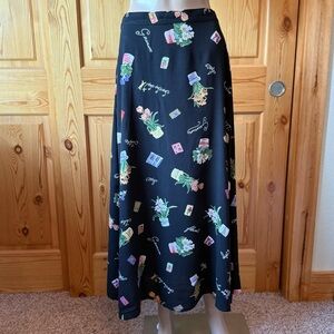 Vintage 90s Novelty Print Maxi Skirt S Floral Potted Plants Flowers Garden Black